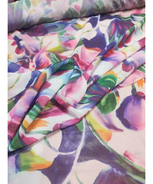 Delikatna cienka tkanina szyfon - wzór w kolorowe tulipany